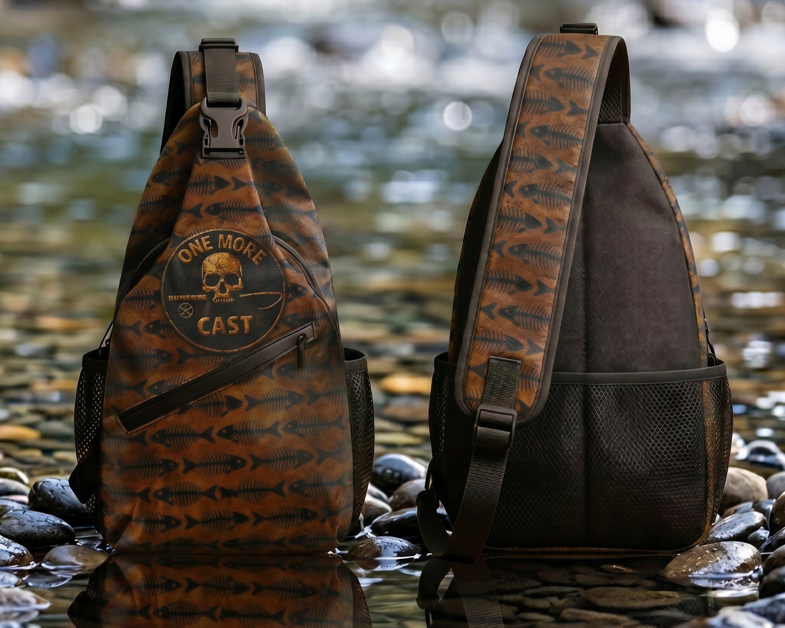 ONE MORE CAST Sling Pack – Skull & Bones Pattern – Oxford Crossbody