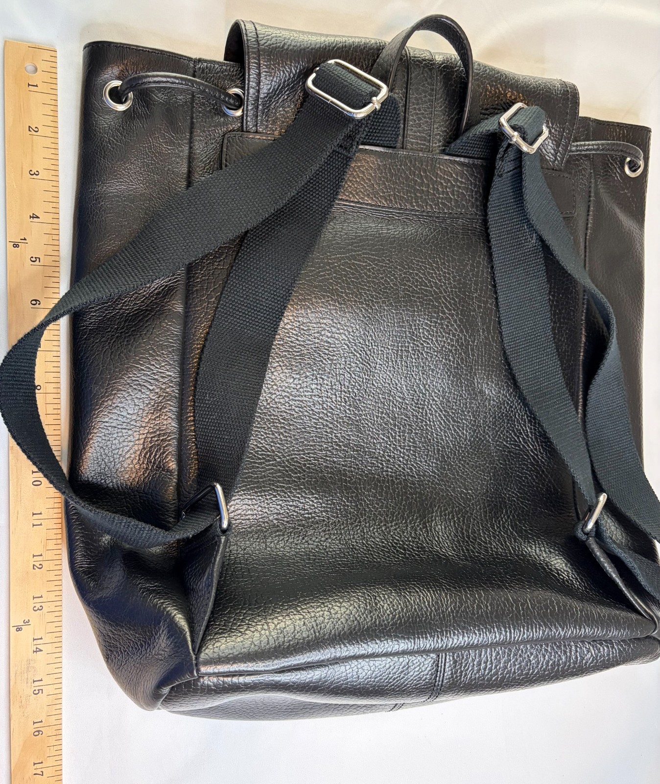 Cole Haan Black Pebbled Leather Backpack Drawstring Flap Laptop Travel Bag