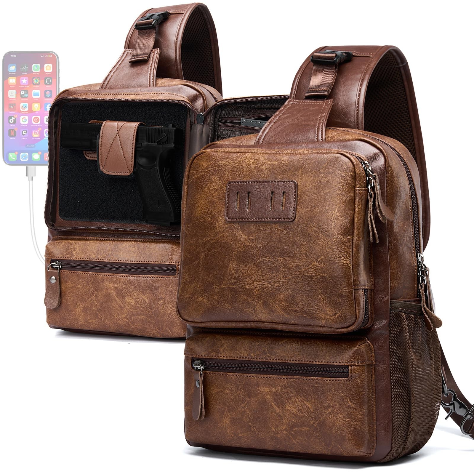 EDC Crossbody Bag for Men Leather Sling Bag, Tactical Chest Bag with USB Char…