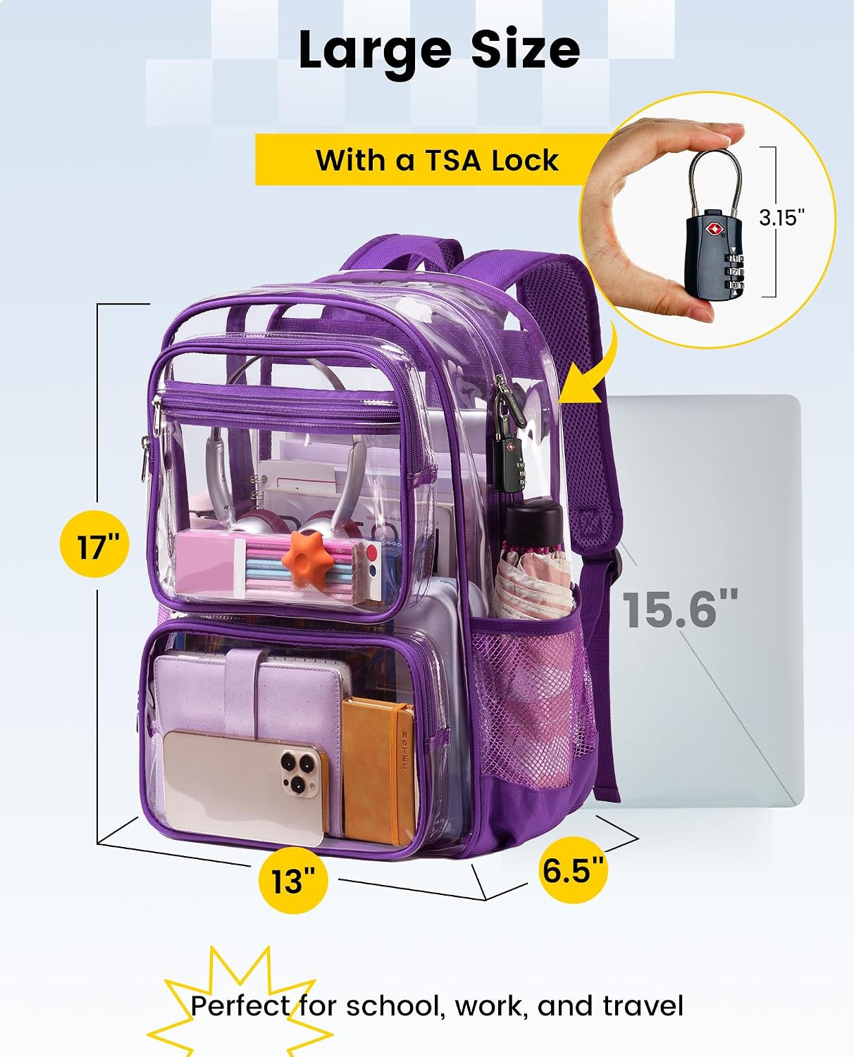 Clear Backpack with TSA Lock, Large Clear Bookbag, Purple | Heavy Duty See throu
