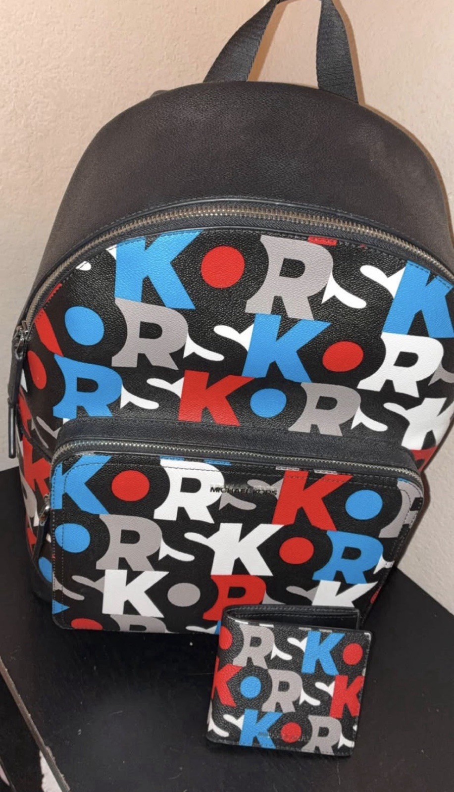 Michael Kors Men’s Multicolor Logo Print Backpack & Wallet Set, Black