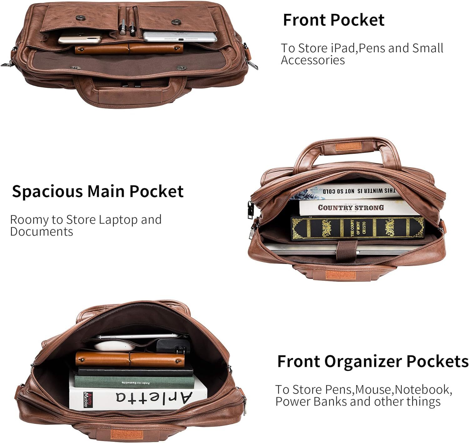 seyfocnia Mens Laptop Bag,15.6 Inch Leather Messenger Bag Brown-15.6inch