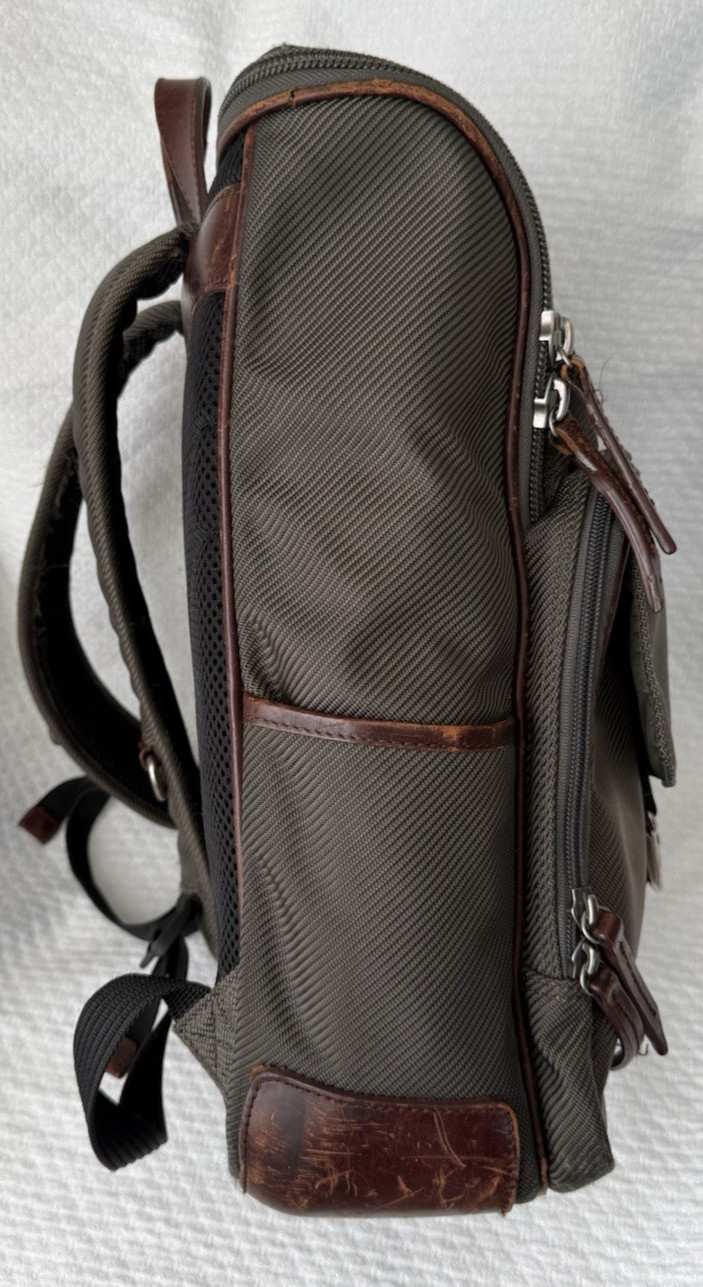 Filson Utilitarian Backpack Olive Green Brown Leather Trim Laptop Travel Bag