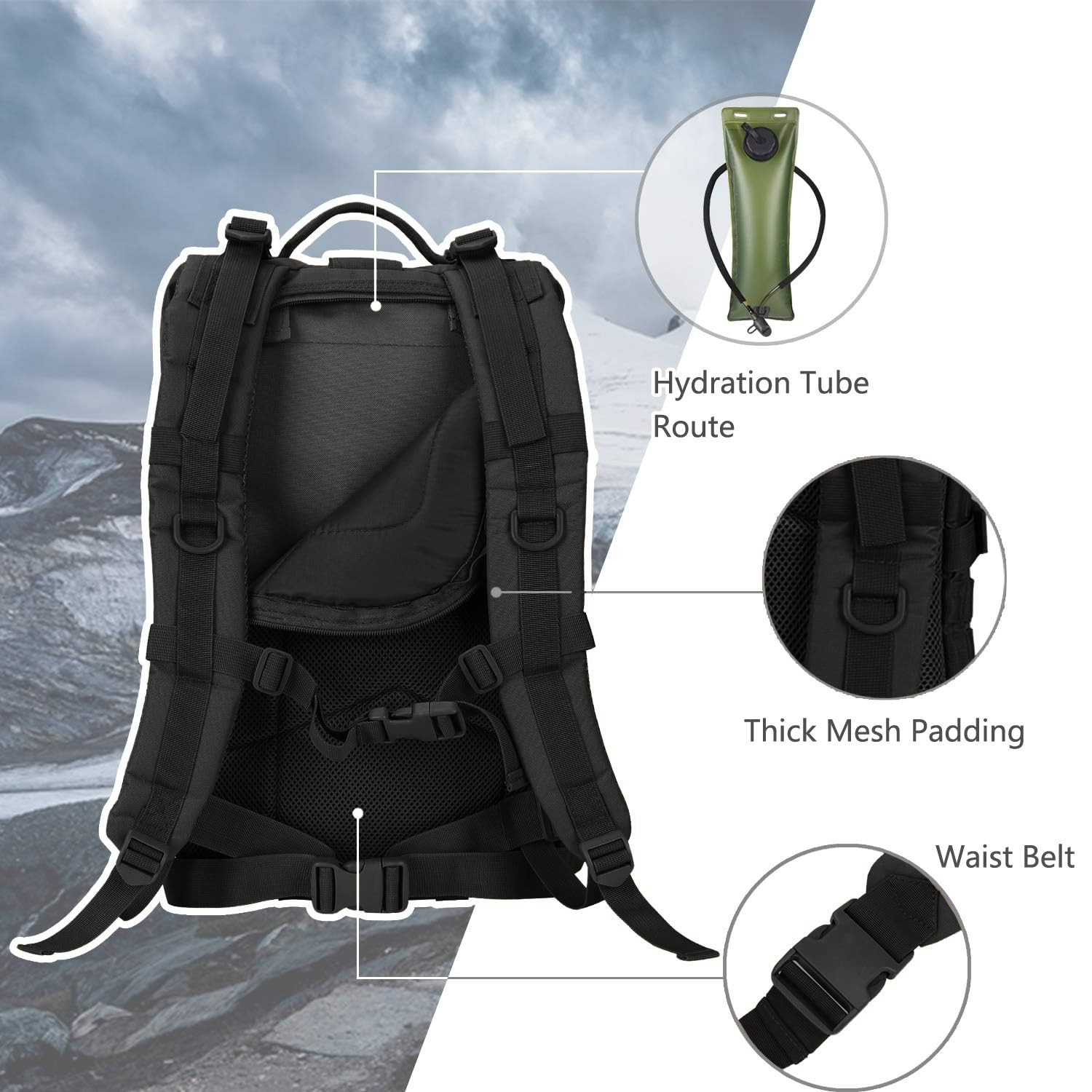 Tactical MOLLE Assault Backpack, Military 3-Day Pack, Camping Rucksack, Black