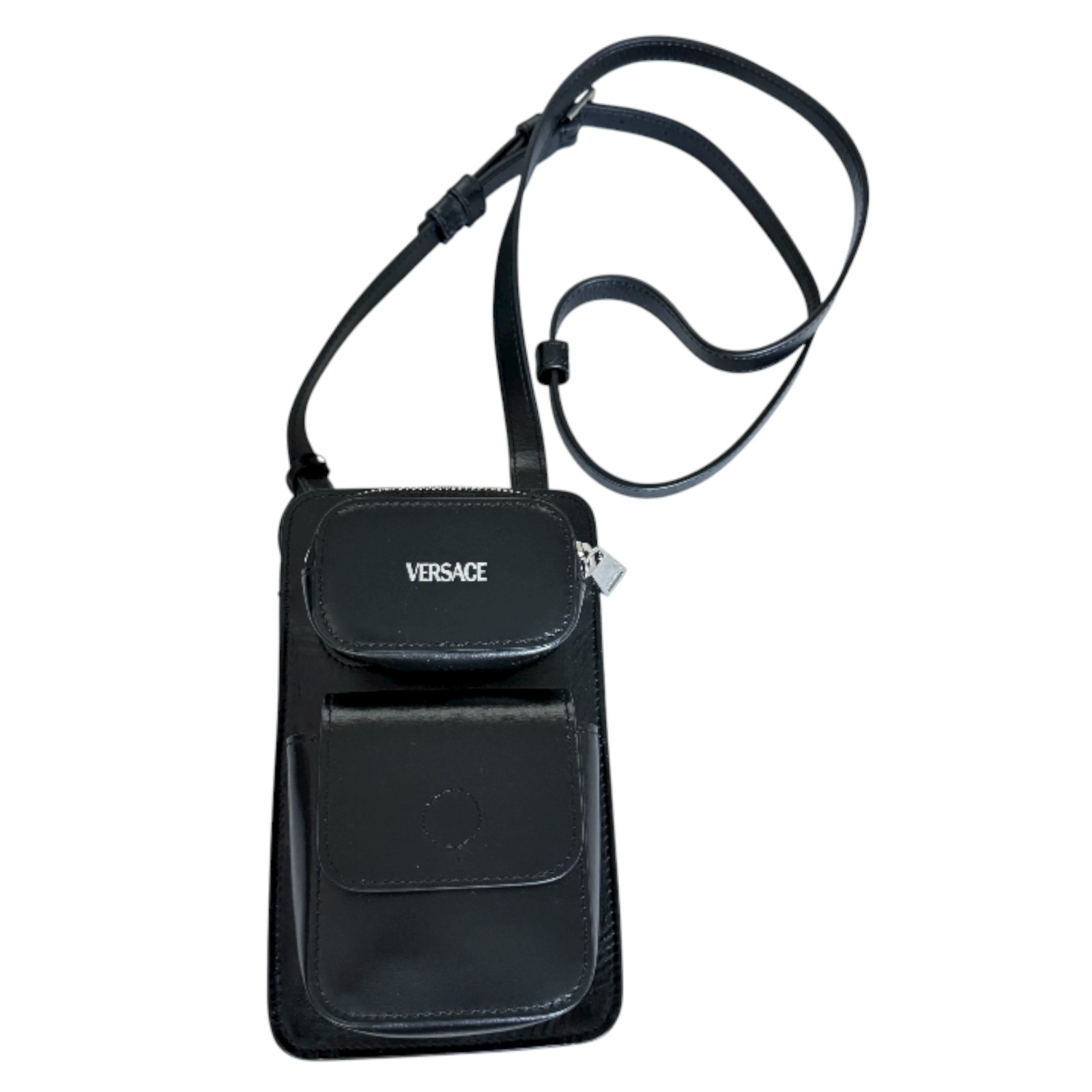 VERSACE 1013558 Phone Pouch Bag Black Calf Leather with lanyard