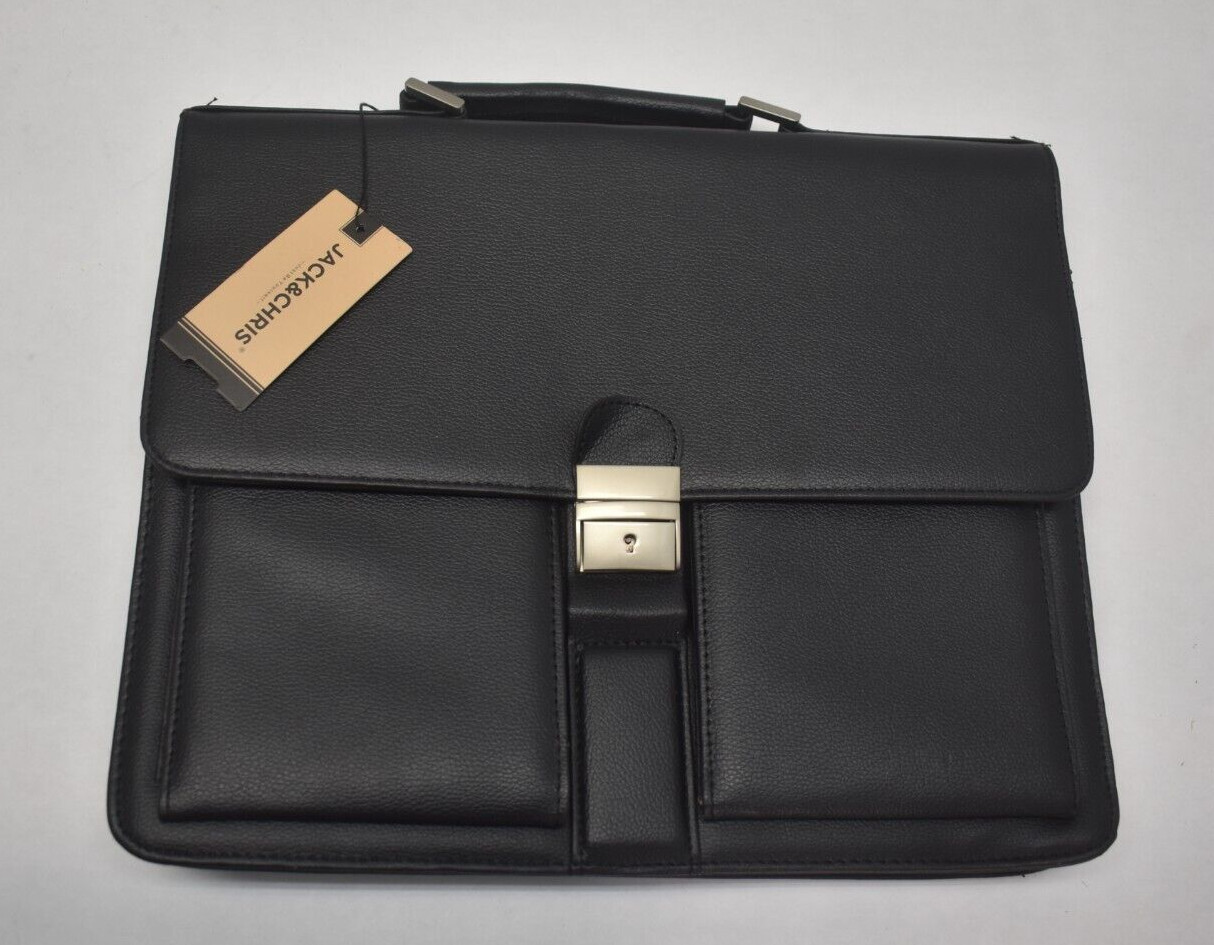 Jack & Chris Faux PU Leather Briefcase Traditional Messenger Bag Black w Strap