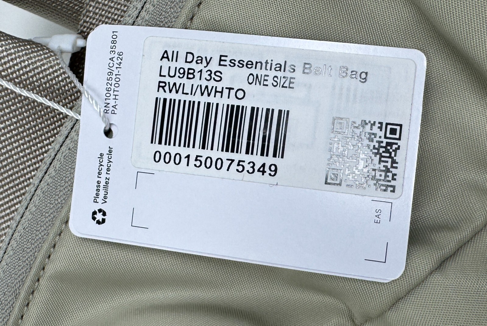 NWOT Lululemon All Day Essentials Belt Bag Fanny Pack Raw Linen 2.5L