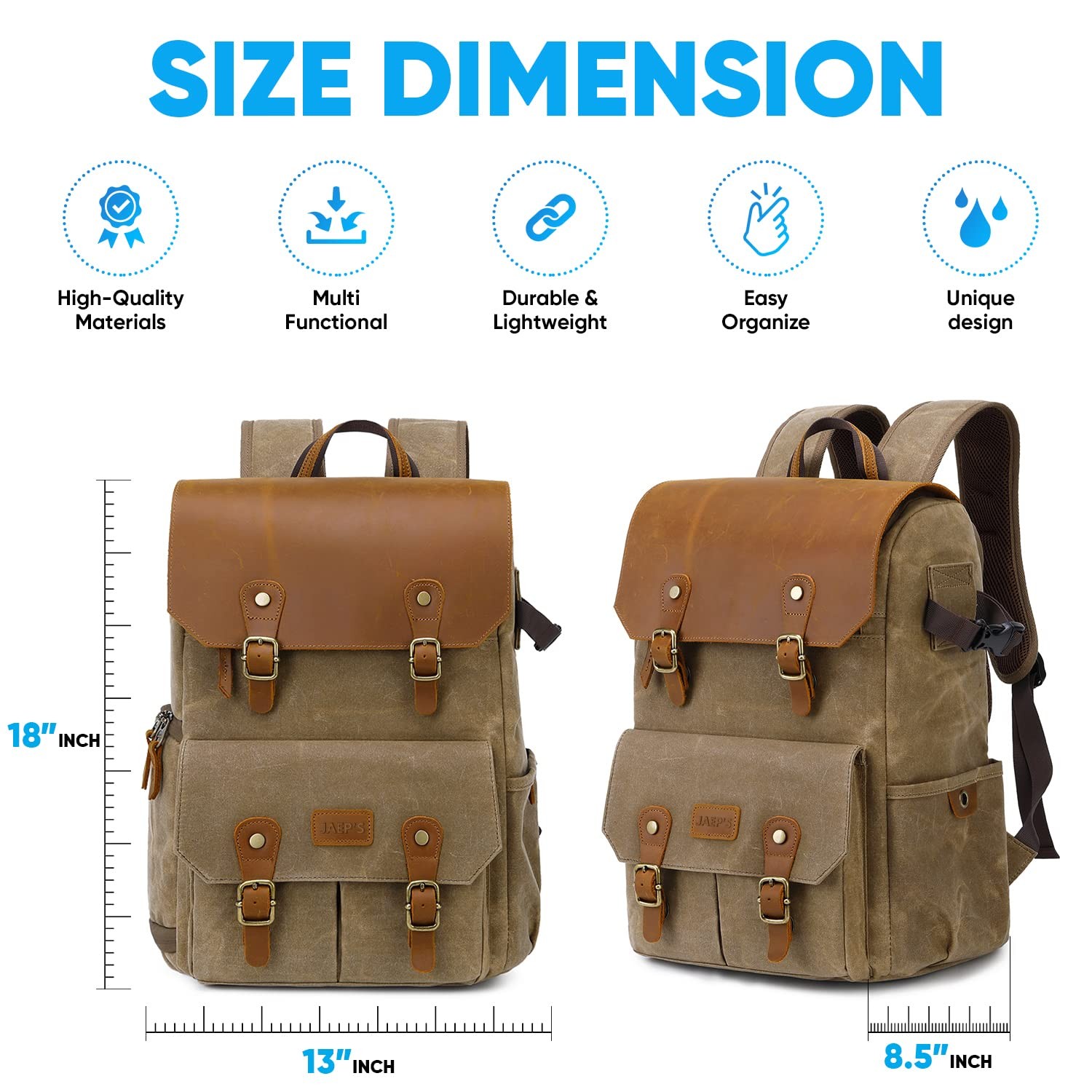 Camera Backpack 16 Ounces 15.6” Laptop Sleeve Tripod Holder Khaki Waxed Canvas