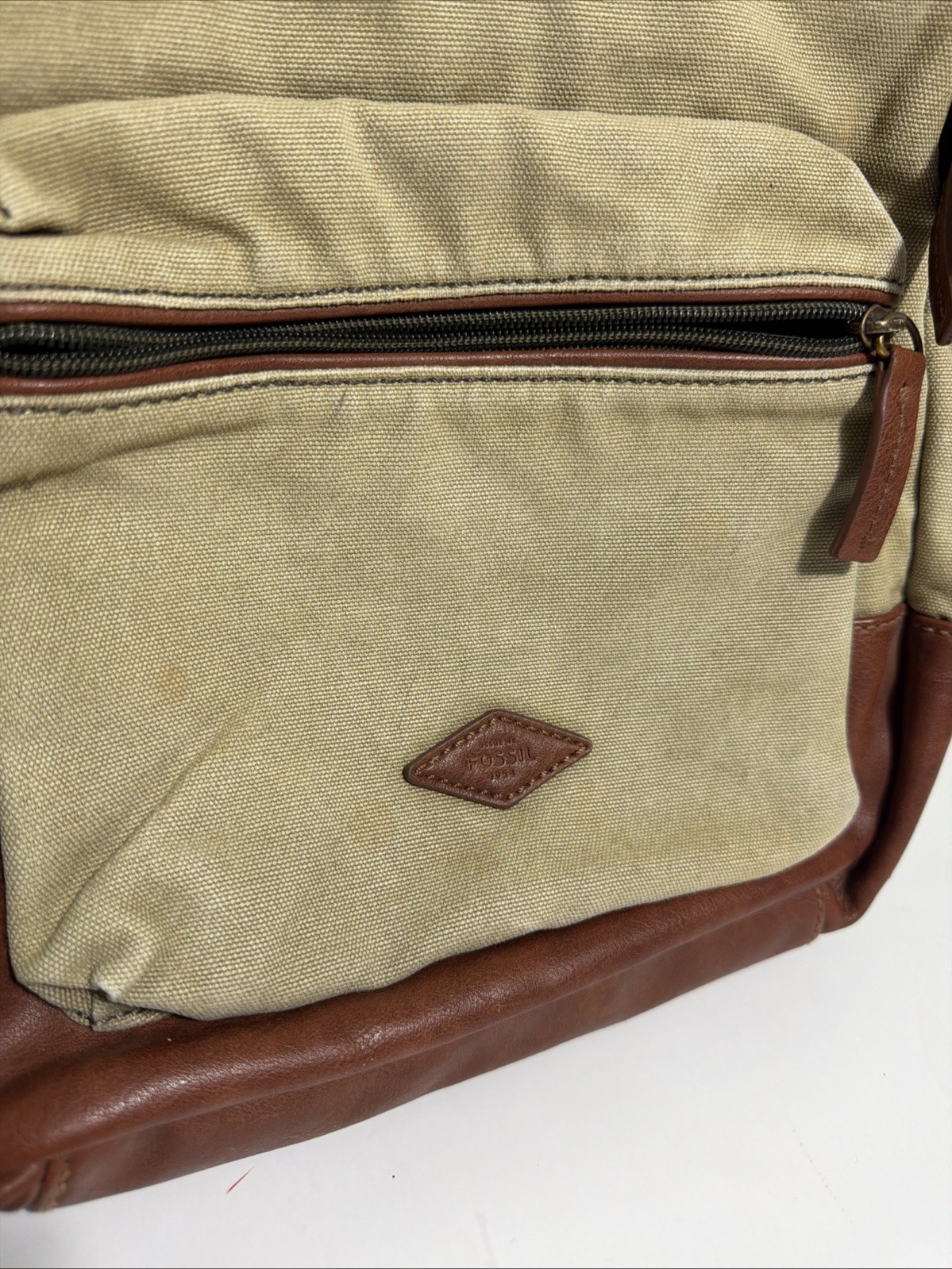 Fossil Estate Canvas Leather Backpack Beige Brown Stained 16x10x5