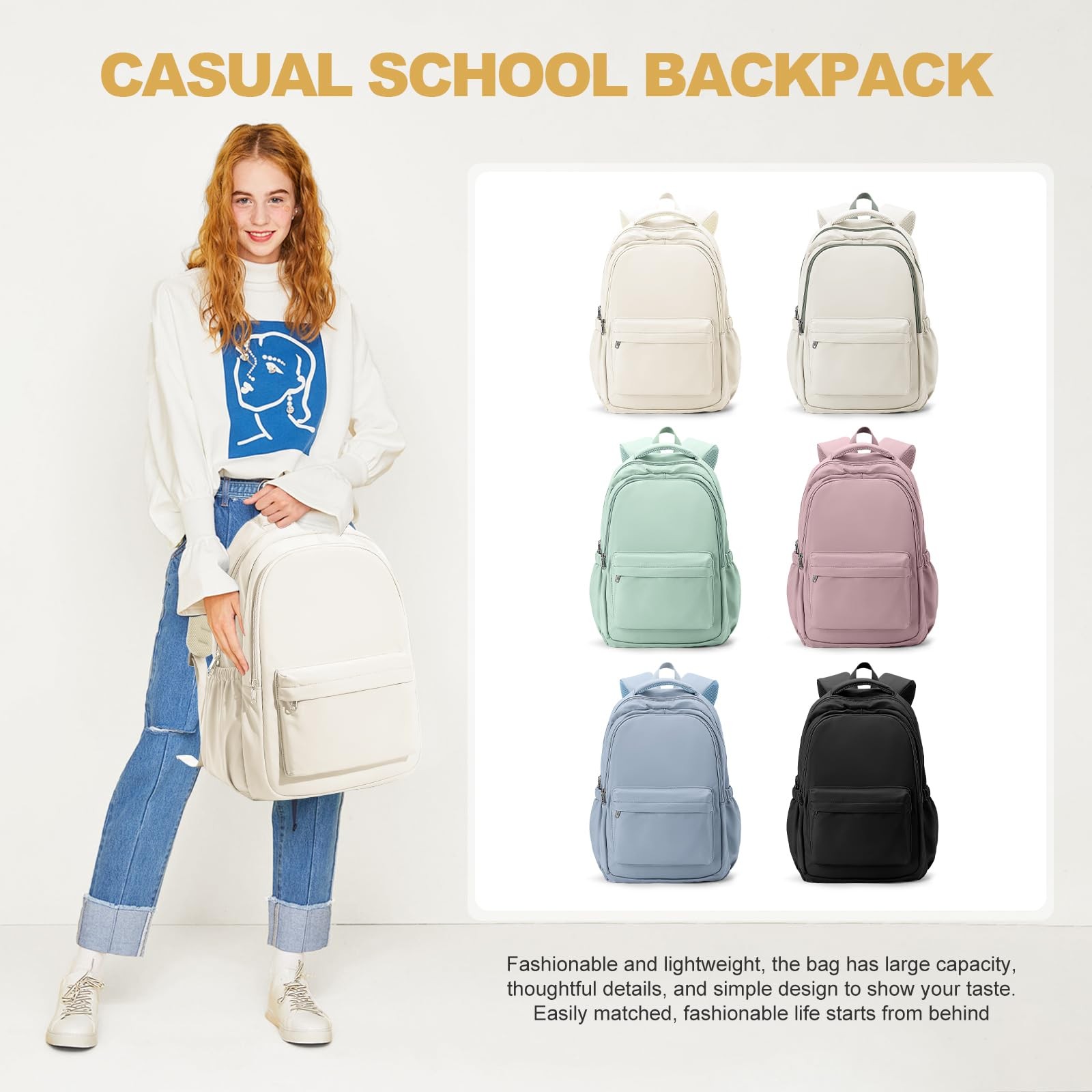 Beige Lightweight School Backpack, Laptop, Travel Daypack, College, Teen, Boys