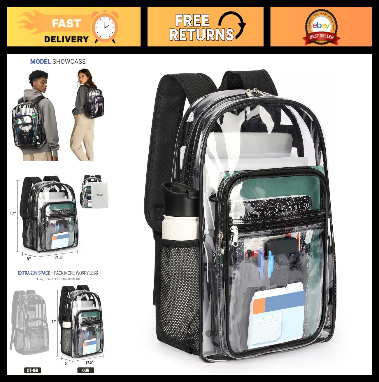 Heavy Duty Clear Backpack 17in Transparent PVC Bag – Large Capacity, Reinforced
