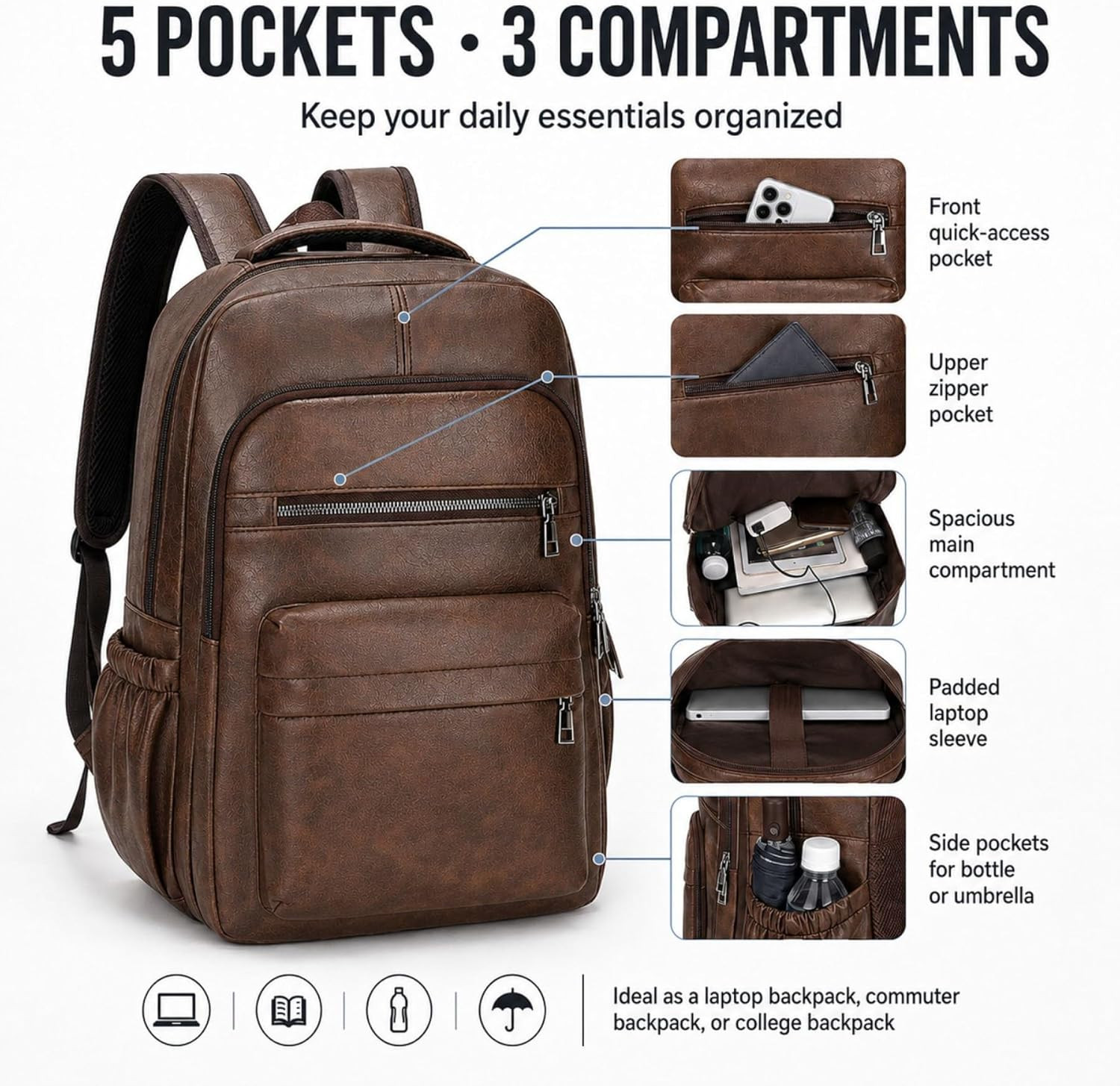 Mens Leather 16.1 Inch Laptop Bag Travel Casual Computer Backpack College Busine