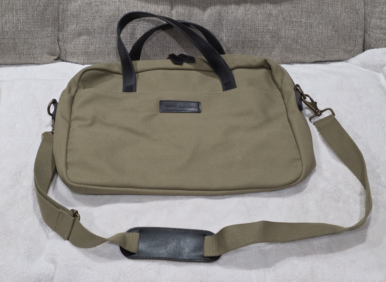 Brooks Brothers Canvas Leather Messenger Shoulder Bag Carry Office Tan