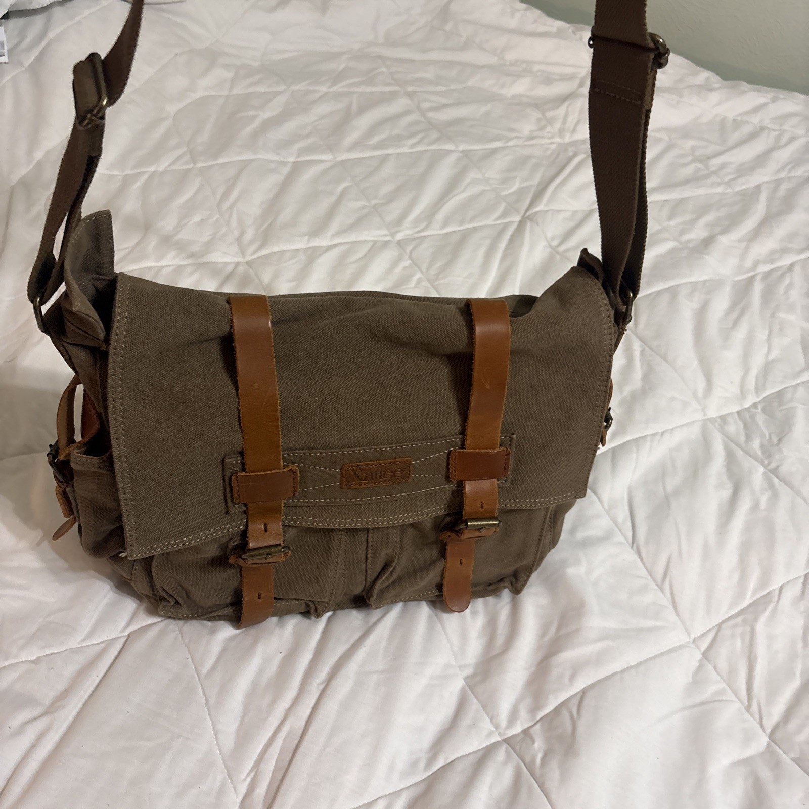 Kattee Canvas Messenger Bag Brown Leather Straps Snap Buckle Zip Adjustable Flap