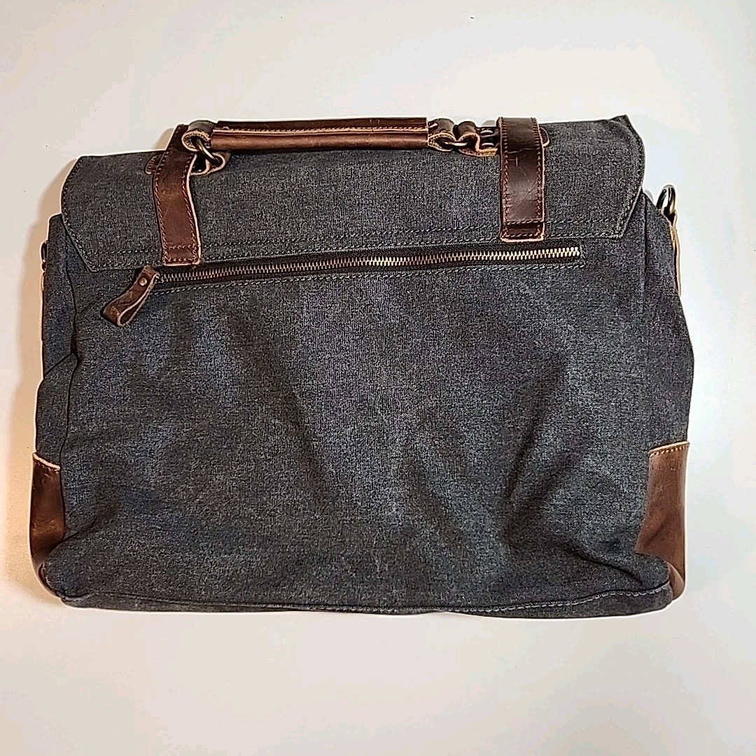 Messenger Bag Canvas, Leather Trim, Gray Distressed, Top Handle No Strap