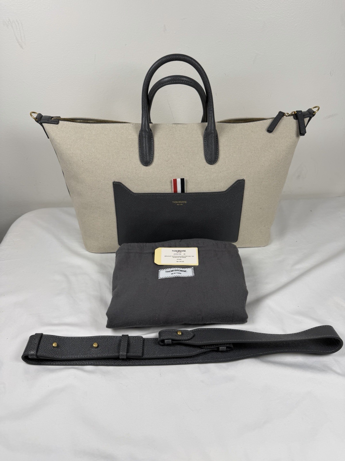 Thom Browne Tricolor Canvas Leather Medium Duffle Tote Bag NEW w/ Dust Bag