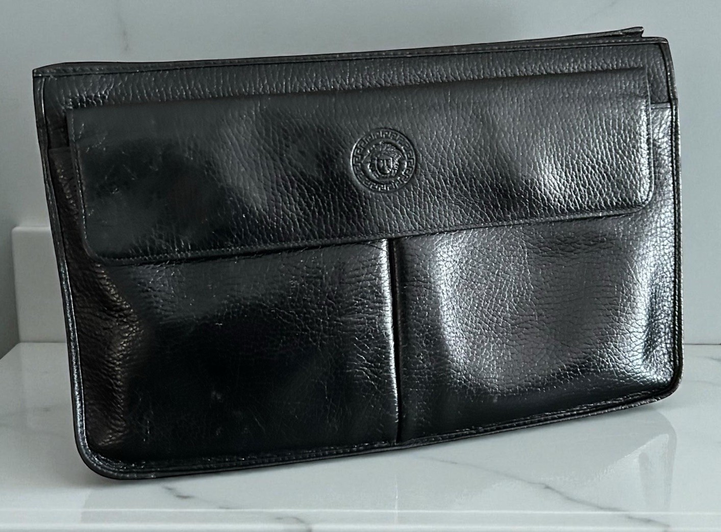 Gianni Versace Clutch Bag Unisex Pebbled Leather Pouch Medusa Zip Pockets Black