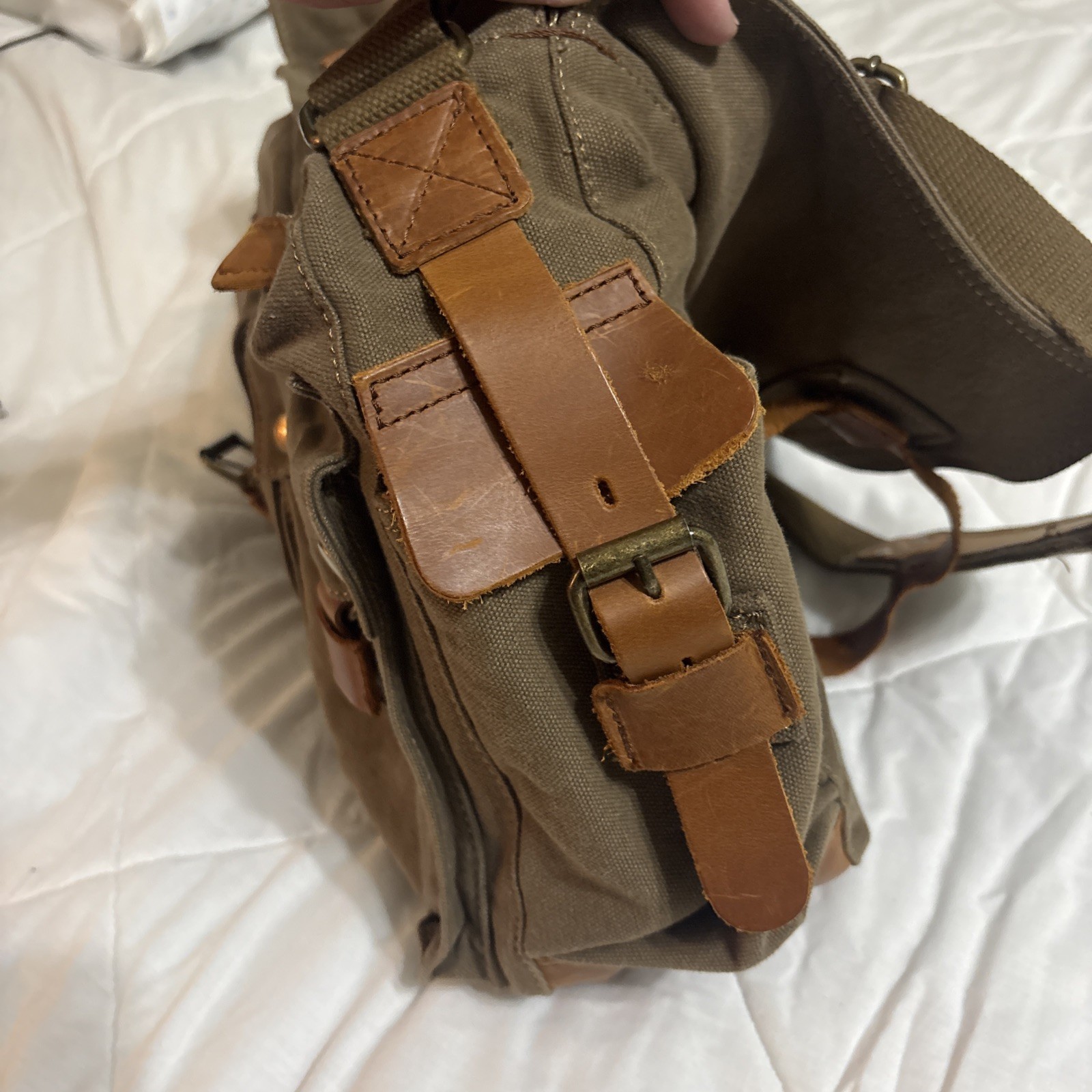 Kattee Canvas Messenger Bag Brown Leather Straps Snap Buckle Zip Adjustable Flap