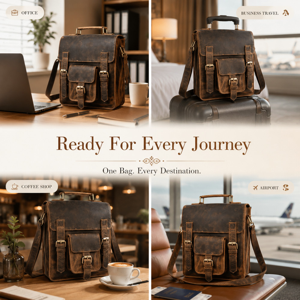 11″ Buffalo Leather Sling Bag Men’s Dark Brown Crossbody Messenger Bag for iPad