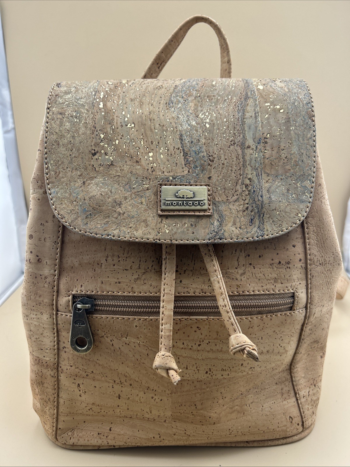 Montado Beige Cork Backpack Adjustable Straps Zip Pocket Inner Outer Pockets