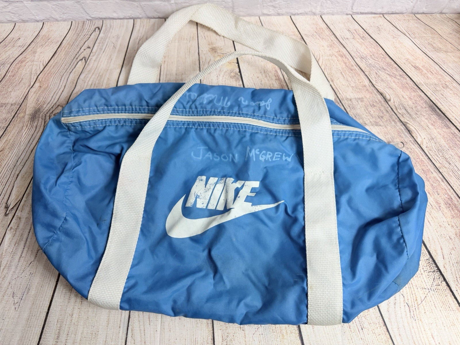 Vintage 80s NIKE Duffel Gym Bag Swoosh Logo 2 Handle Carry Nylon Promo Blue