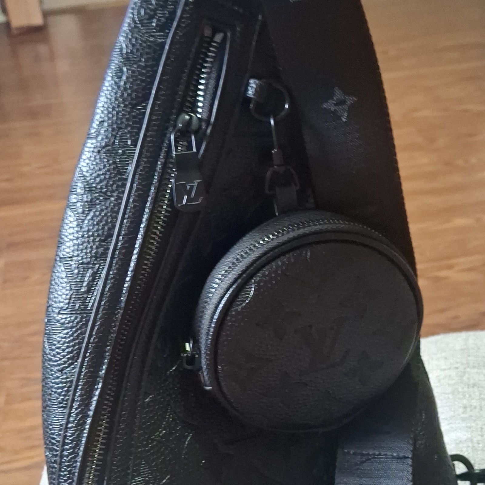 Louis Vuitton Monogram Shadow Black Zip Sling Crossbody Bag w/ Coin Pouch