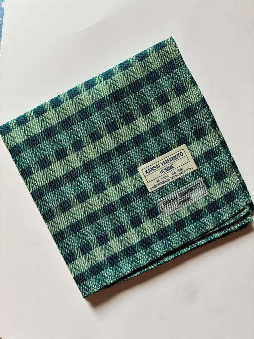 KANSAI YAMAMOTO HOMME Men’s Handkerchief Green Check 100% Cotton