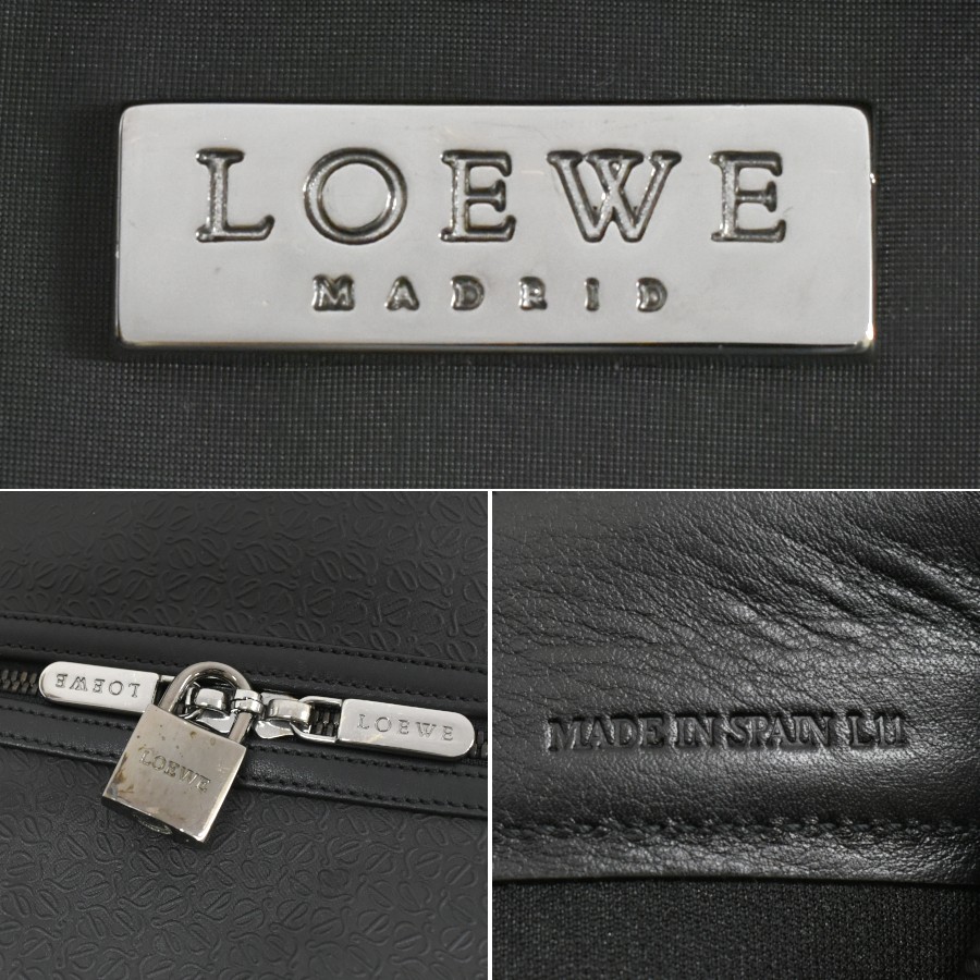 LOEWE Repeat Anagram Duffle Bag Traveling bag Black Leather Purse T10L