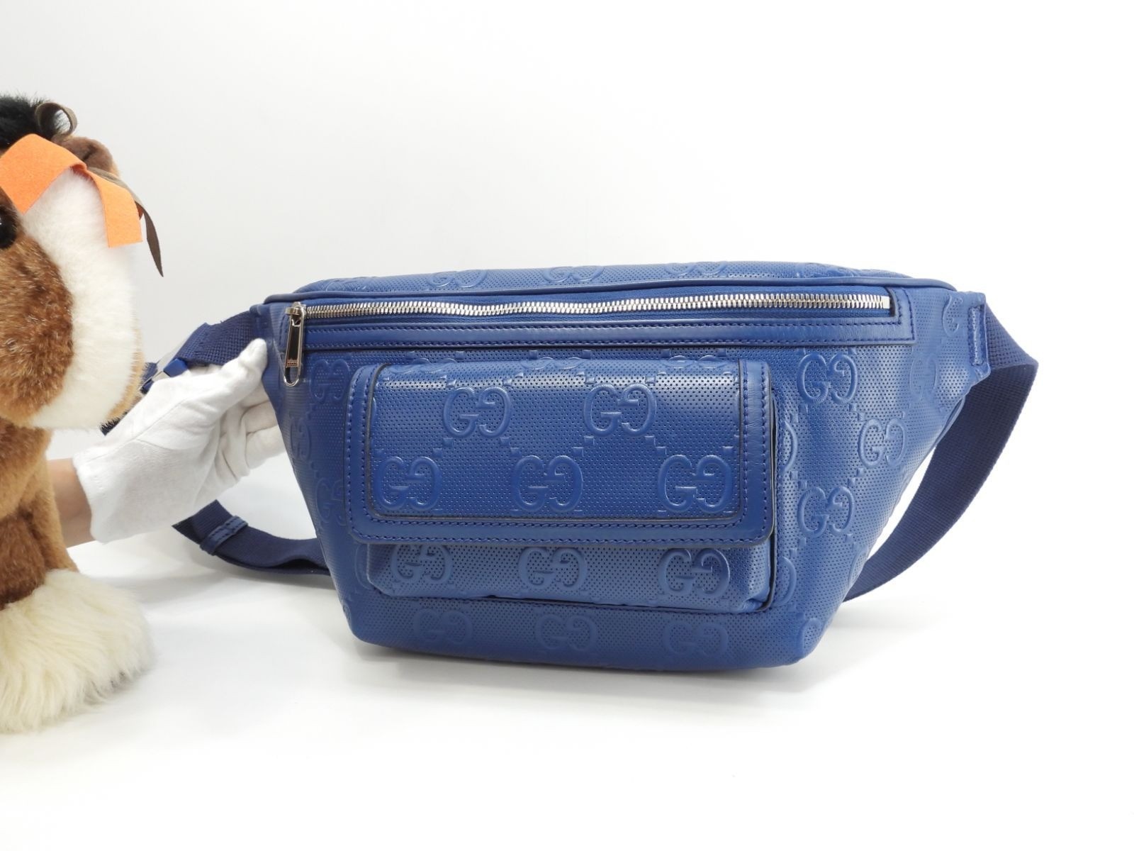 Gucci Large Body Bag Embossed GG Leather Blue 15.7*7.8*3.5 inch
