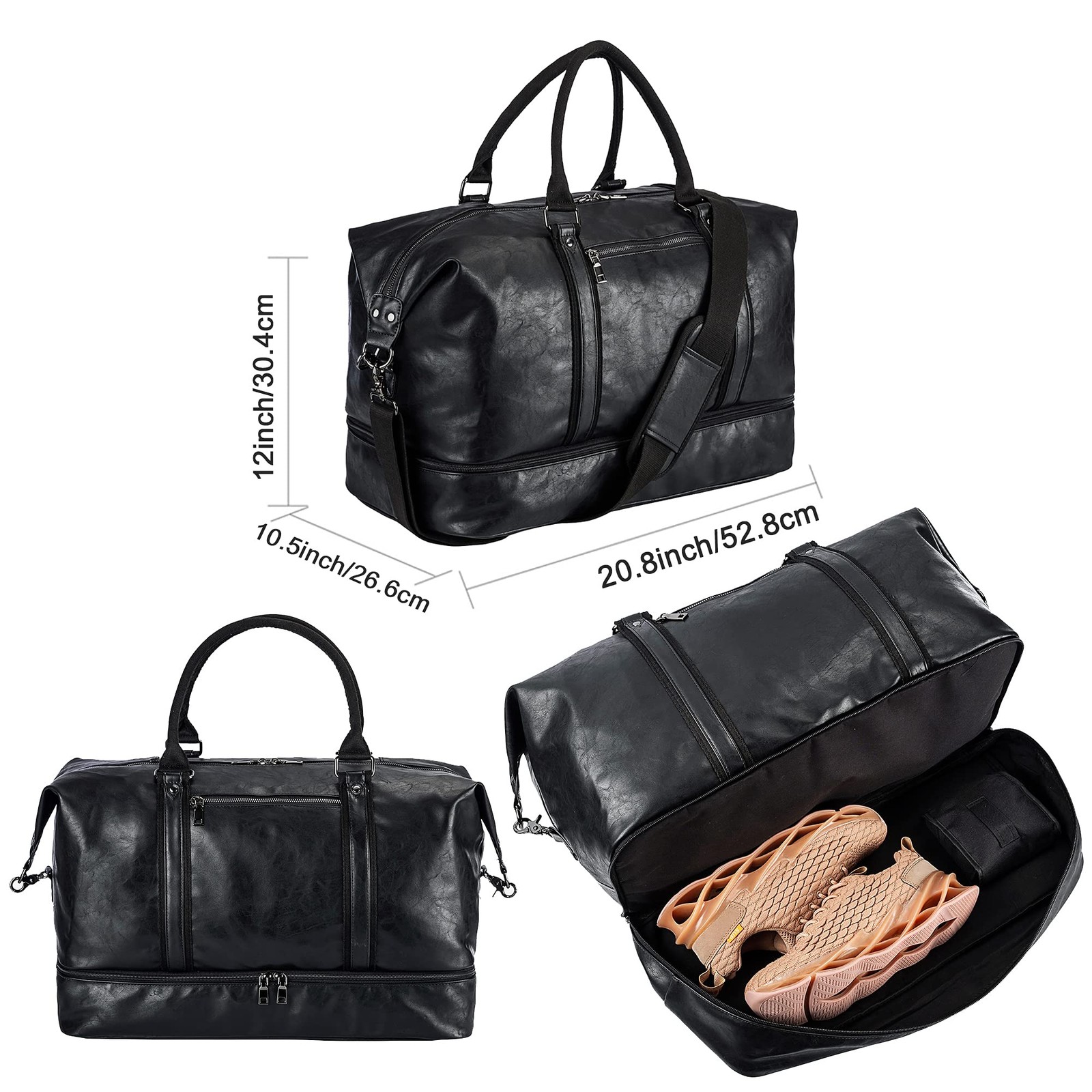 Leather Travel Bag with Shoe Pouch,Weekender Overnight Bag Waterproof PU Leat…