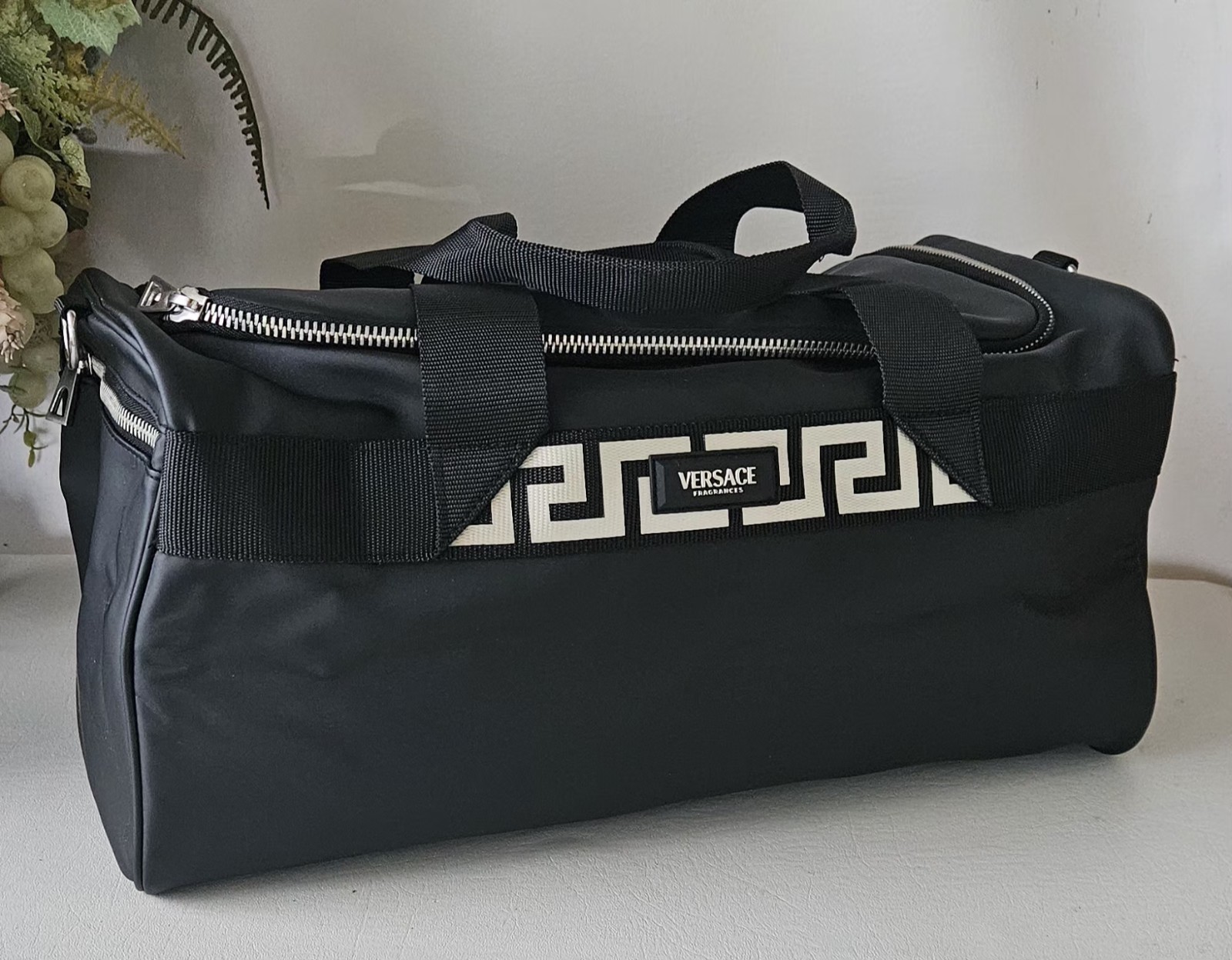 Versace Fragrances Black Duffle with Silver Tone Zipper Travel Overnight Gym Bag