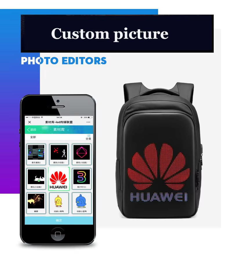 LED Display Smart Backpack 15.6″ Laptop USB Charge Programmable Screen Men Women