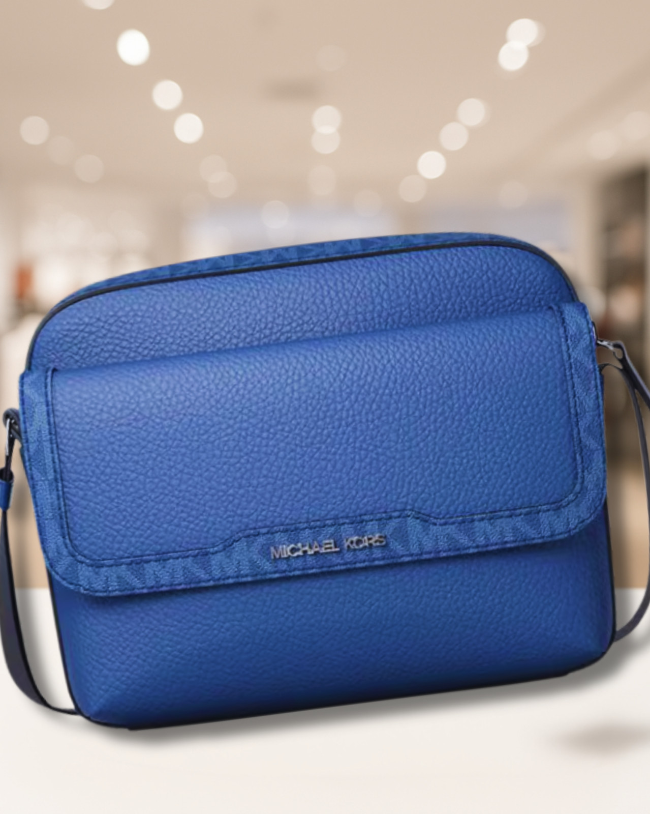 Michael Kors Cooper Medium Leather & Logo Flap Camera Crossbody Bag Galaxy Blue