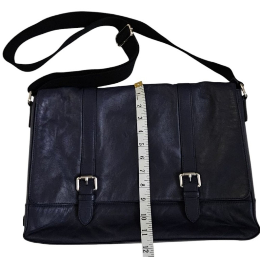 Cole Haan Blue Smooth Leather Buckle Detail Minimalist Laptop Messenger Bag