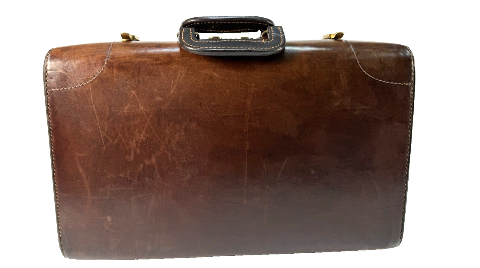 Vtg ATLAS Philadelphia Belting Leather Suitcase 20″ Clamshell Carry On Linen Bag