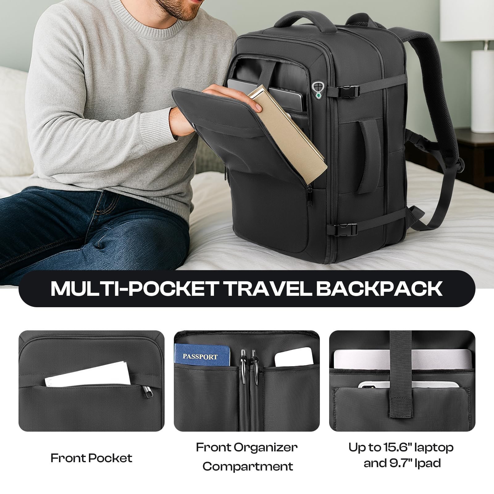 Extra Large 55L Travel Backpack, TSA Approved, Expandable, Water Resistant, Fits