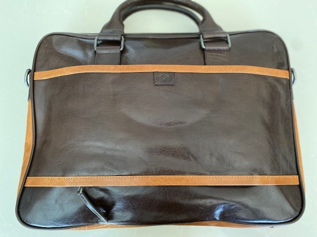Joseph Abboud Brown/Tan Rustico Leather Handbag with Pockets and Adj Strap