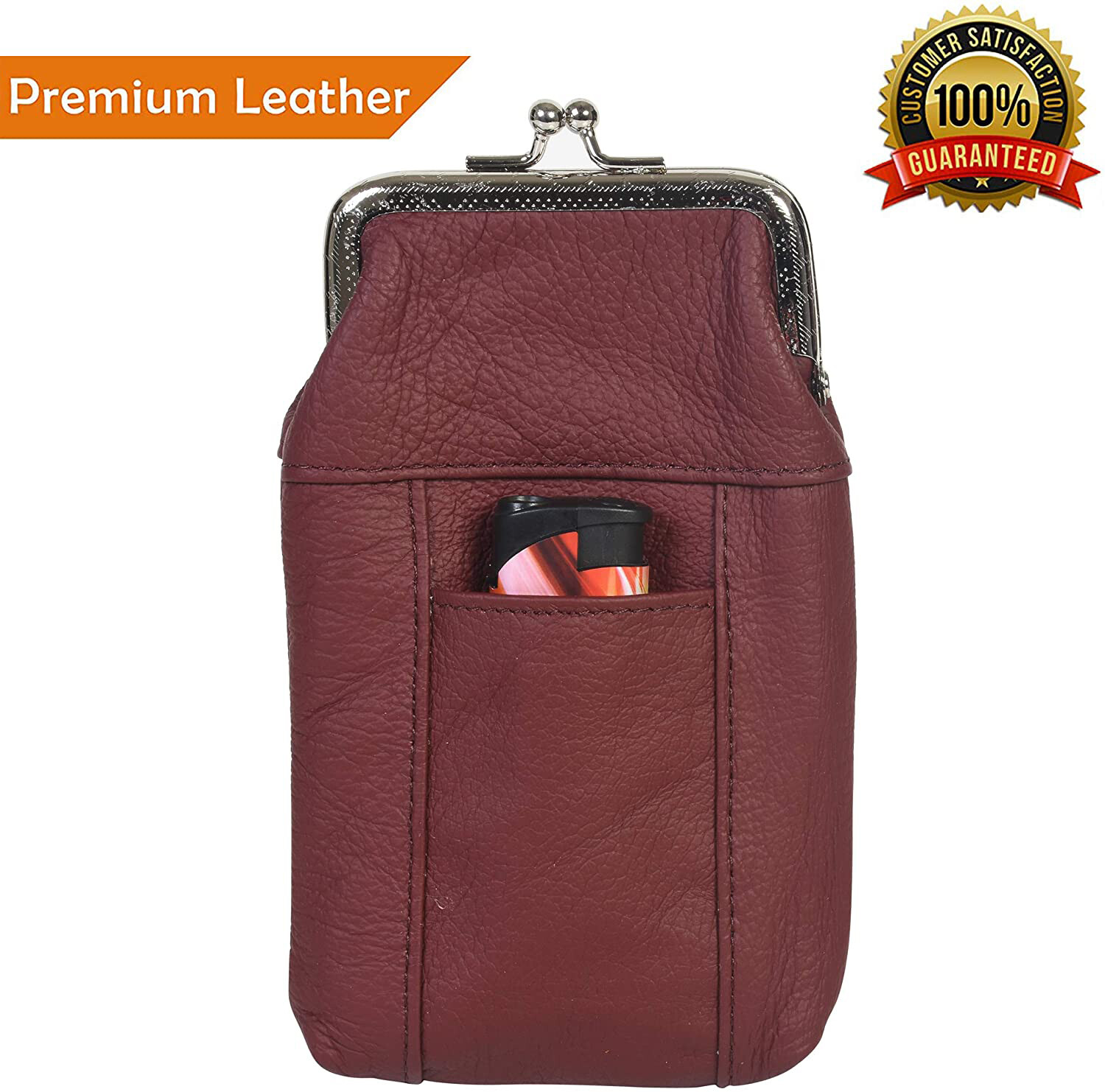 Genuine Leather Cigarette Case Pouch Lighter Pocket Top Twist Clasp -Fit 120’s