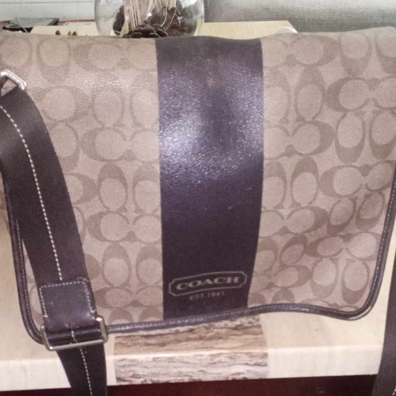 Coach Logo Pattern Messenger Crossbody Bag Brown/Black Adjustable Strap Pockets