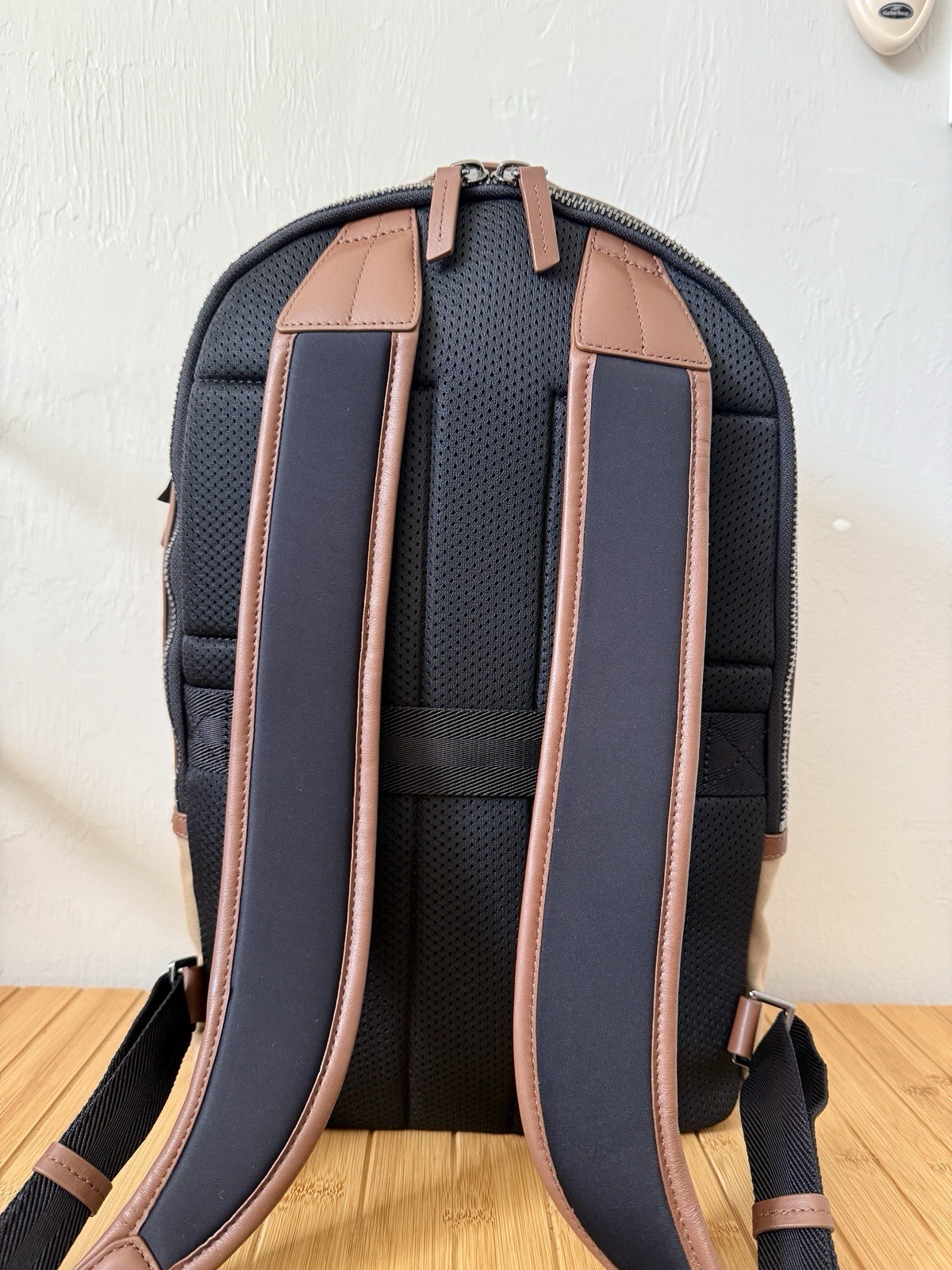 New Ted Baker Men’s Xaden Nylon & Leather Trim Double Zipper Backpack NWT Khaki