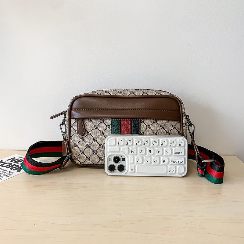 Casual Sling Bag Men PU Leather Messenger Crossbody Color Block Trendy Wide Stra