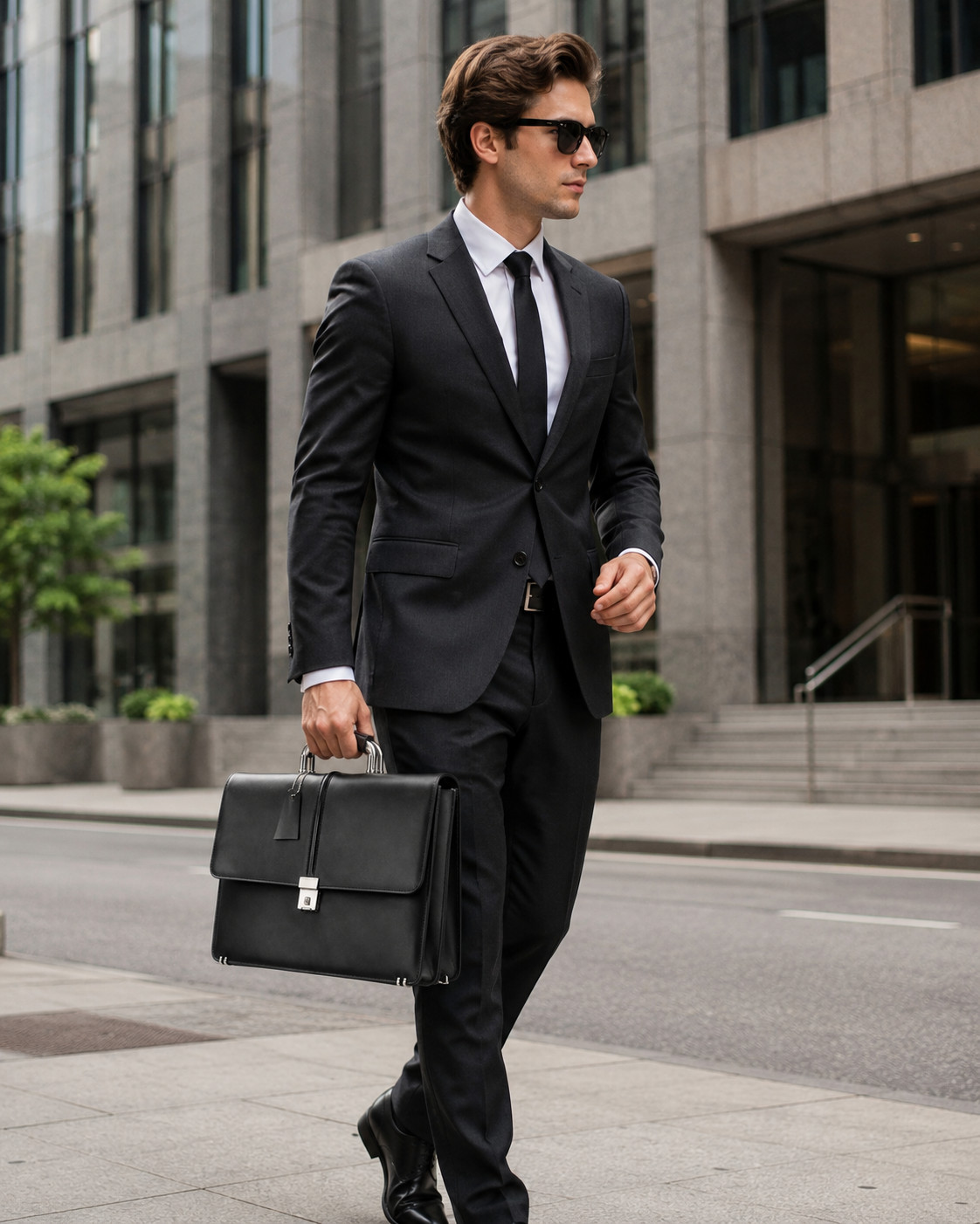 Black Genuine Leather Executive Briefcase Silver Metal Handle Push Lock Flap Men