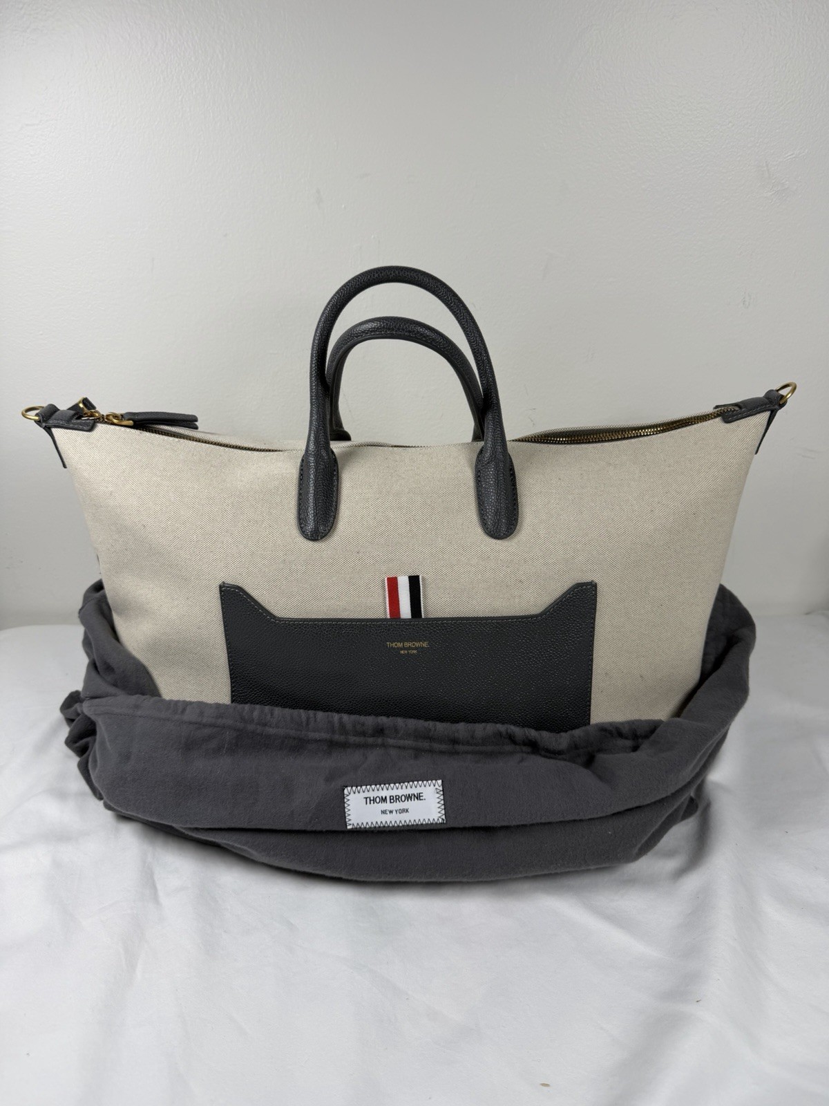 Thom Browne Tricolor Canvas Leather Medium Duffle Tote Bag NEW w/ Dust Bag