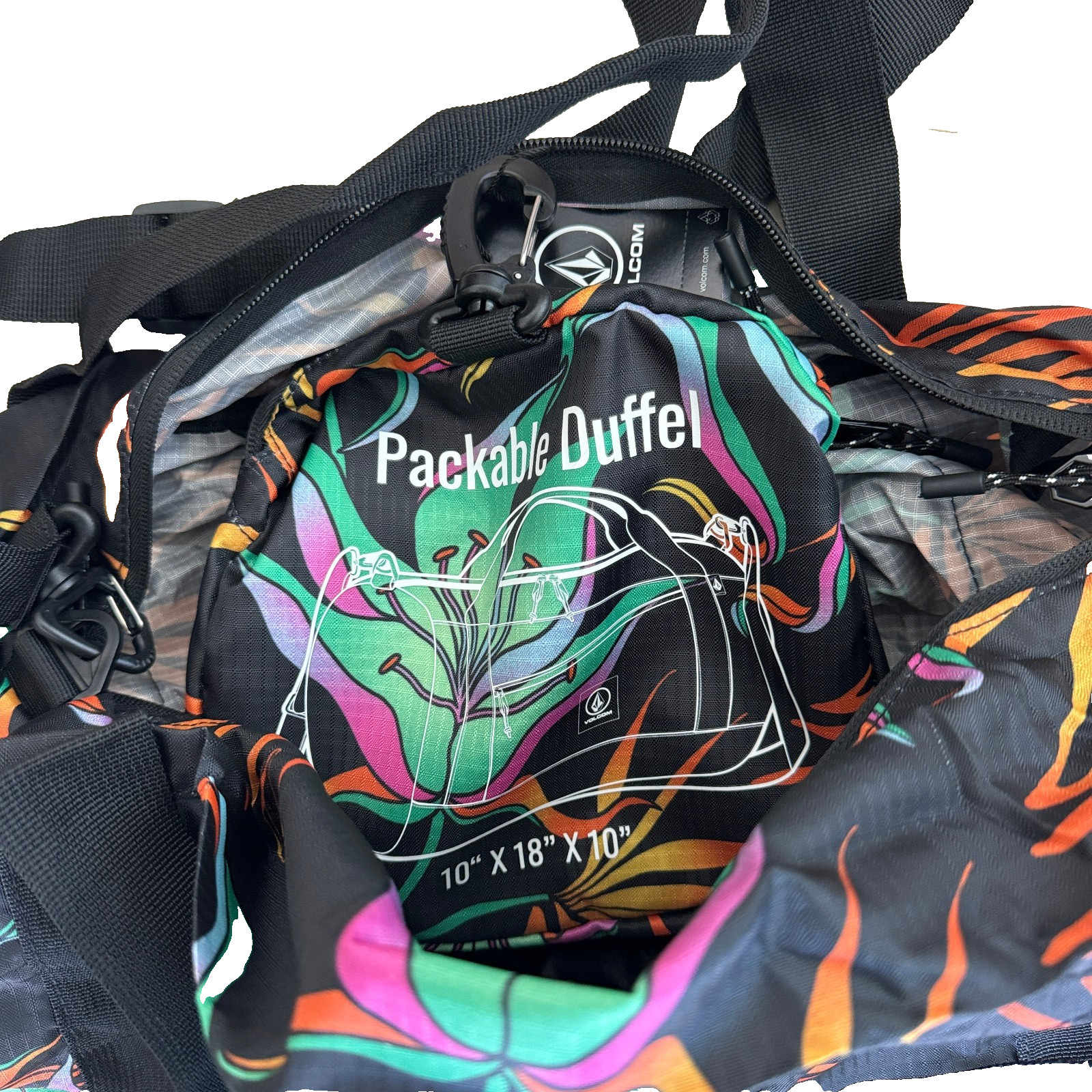 Volcom Packable Duffel Bag Black Streetwear Travel Gym Lightweight 10 X 18 X 10