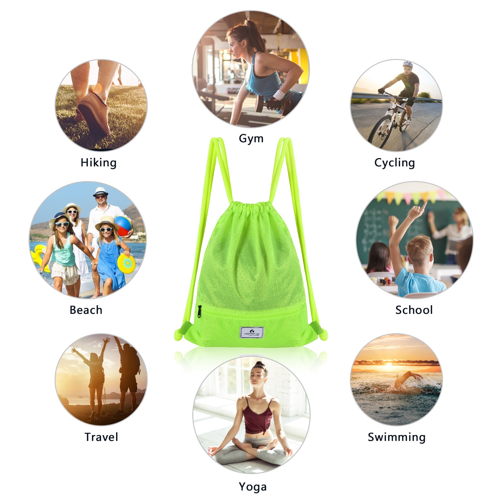 Costway Drawstring Backpack String Bag Folding Sports Sack w/Zipper Pocket Green