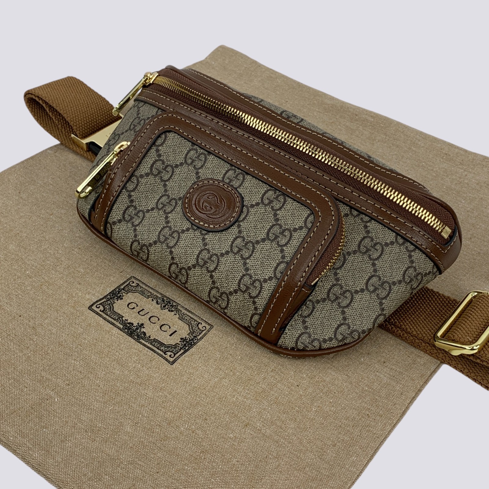 Gucci GG Monogram Interlocking G Canvas Leather Crossbody Belt Bag Beige 682933
