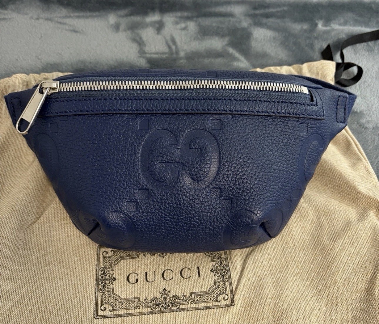 Brand New Gucci Blue Jumbo GG Embossed Leather Mini Belt Bag – Crossbody Size 90