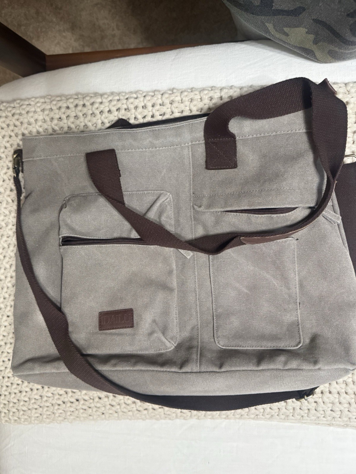 DALLU Gray/Brown Solid Tote Bag Shoulder Strap Zip Closure Inner Pockets
