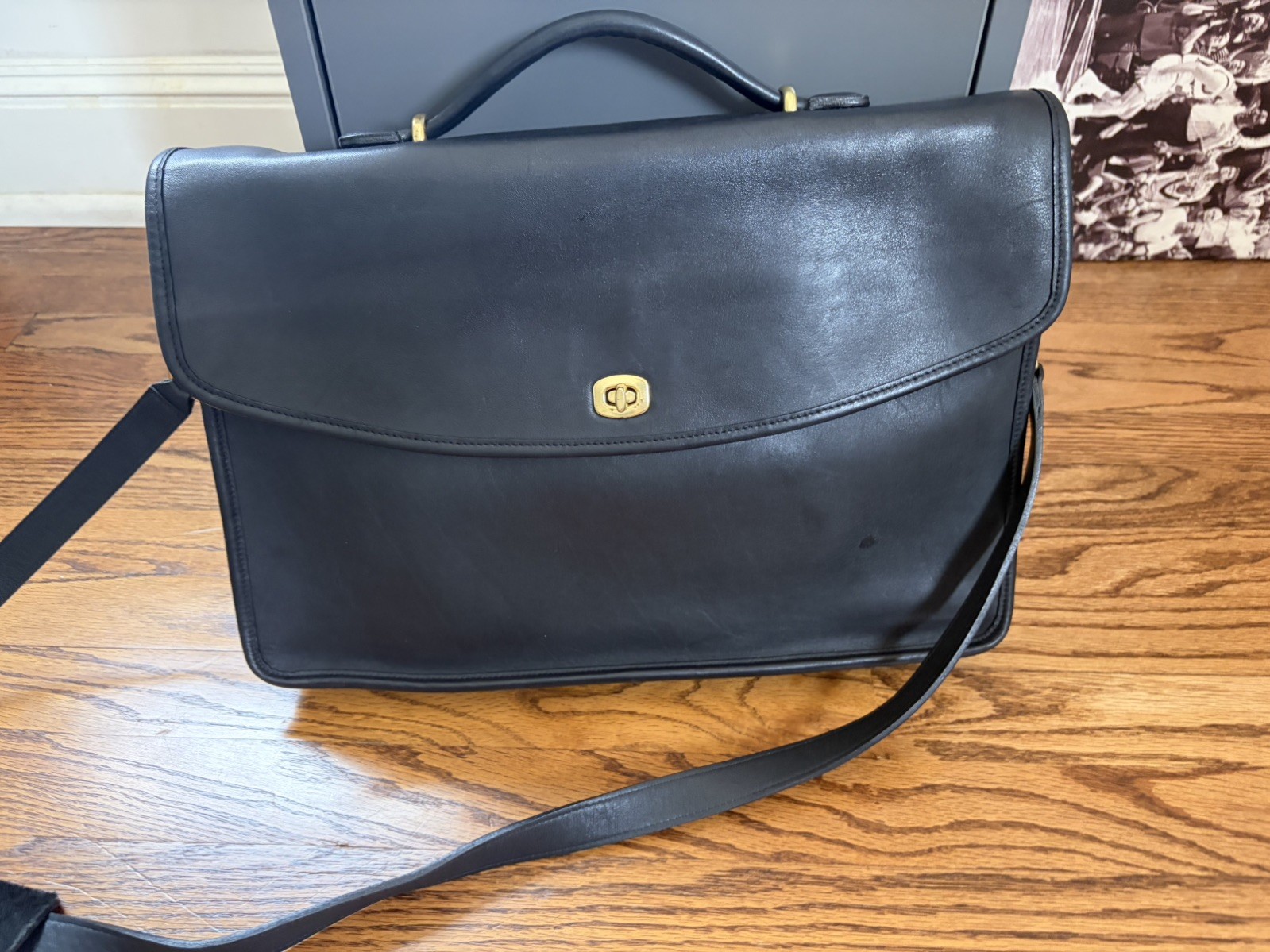 Coach Classic Black Leather Briefcase Bag Tote Excellent vtg quiet luxury