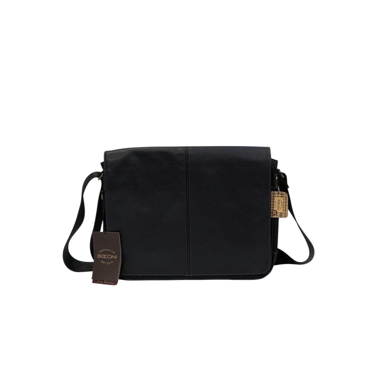 Boconi Black Leather Slim Mailbag Messenger Laptop Bag Shoulder Strap 15″x3″x13″